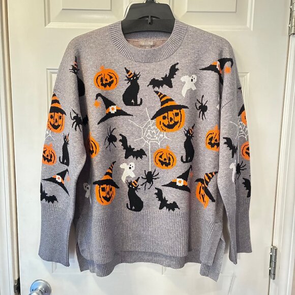 Women’s 2XL Gray Halloween Sweater • Crewneck 3/4 Sleeve Spooky Knit - Picture 1 of 10